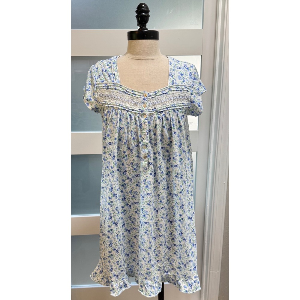 Eileen West Blue Floral Cotton Jersey Lace Trim Nightgown Small RN 98504